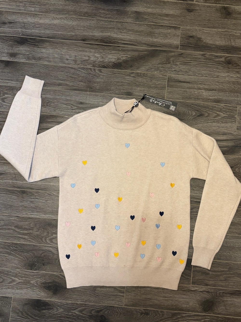 NWT Charlie B Ecru Embroidered Heart Mock Neck Sweater M